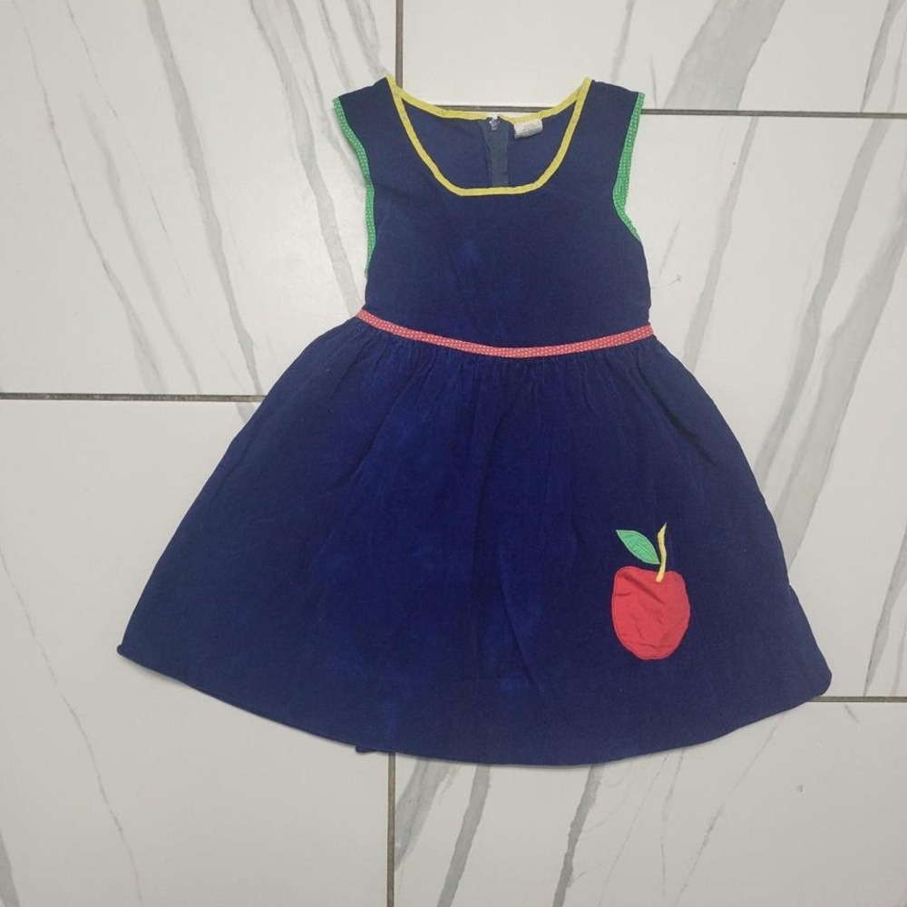 Vintage girls back to school courderoy apple dress apple navy red